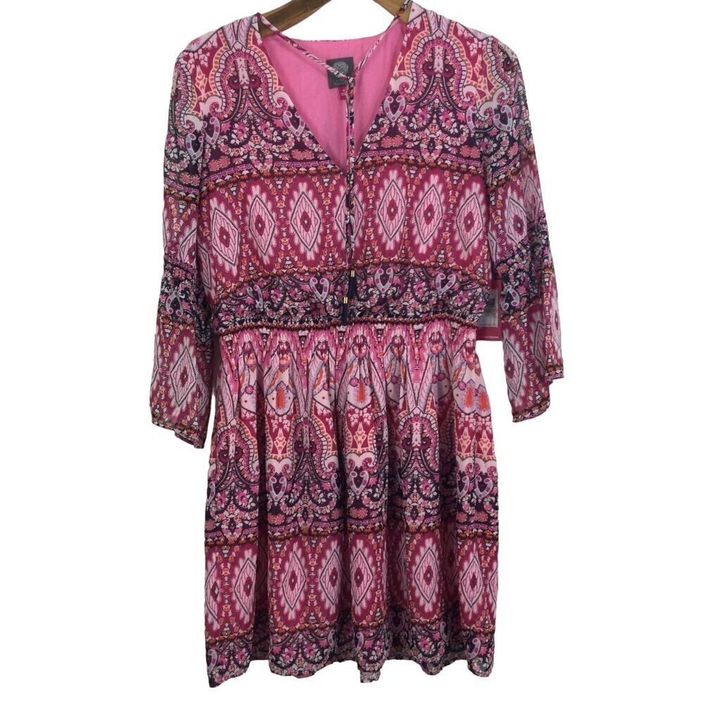 VINCE CAMUTO Paisley V-Neck Bell Sleeve Mandala Tie Tassel Sheath Mini Dress 12